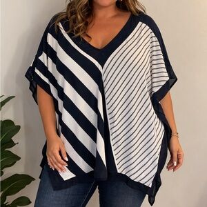 Lane Bryant Navy and Cream Striped Top 22/24 Draped Caftan Vacation Blouse